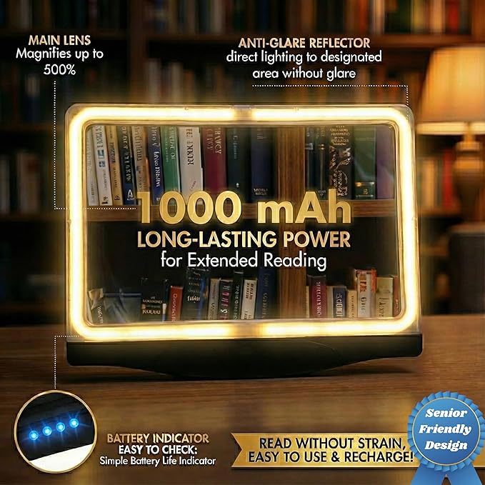MagniPros 5X Rechargeable Large Ultra Bright LED Page Magnifier with Anti-Glare Lens & 3 Color Dimmable Light Modes, Relieve Eye Strain- Ideal for Reading Small Prints, Low Vision, Seniors