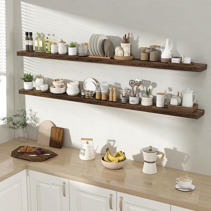 Acovy 72 Inch Floating Shelves for Wall 2 Pack, 72" Wall Shelves for Books, Storage, Decor, Wall Mounted Floating Shelf with Invisible Brackets for Kitchen, Living Room, Brown