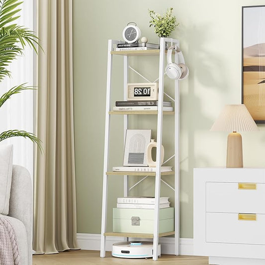 Hzuaneri Ladder Shelf, Bookshelf Bookcase, Freestanding Corner Storage Shelve with 2 Hooks for Home Office, Living Room, Kitchen, Bedroom, Industrial, 11.8" D x 13.4" W x 47.2" H, White Oak and White