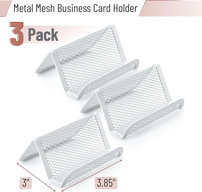 Mr. Pen- Metal Mesh Business Card Holders, 3 Pack, White, Durable Stainless Steel Card Stand for Desk, Office, and Business Use, Straight, Flat and Smooth Design
