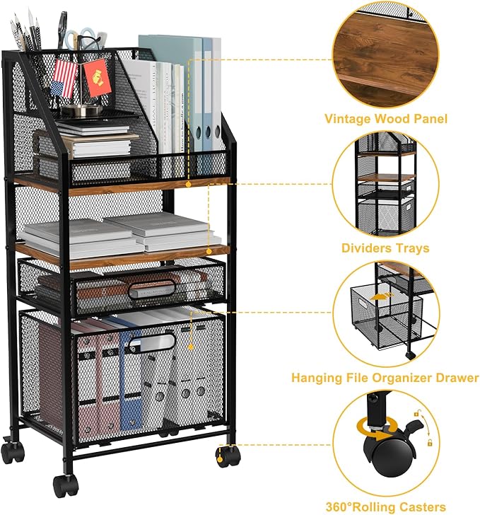 Rolling File Cart with 2 Drawers Metal Moving Craft Storage Cart with Lockable Wheels Wood&Mesh Rolling File Organizer Filing Cabinets for Home Office Classroom Organization(31 * 15 * 10 Inch)