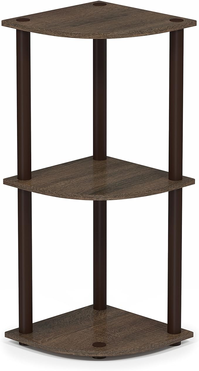 Furinno TURN-N-TUBE Corner Shelf, 3-Tier Corner Bookshelf, Display Storage Shelves with Open Shelves, for Organization and Storage, Living Room, Home Office, Garage, Walnut