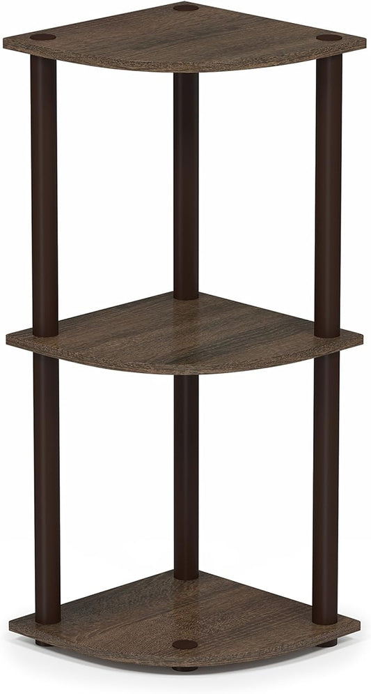 Furinno TURN-N-TUBE Corner Shelf, 3-Tier Corner Bookshelf, Display Storage Shelves with Open Shelves, for Organization and Storage, Living Room, Home Office, Garage, Walnut