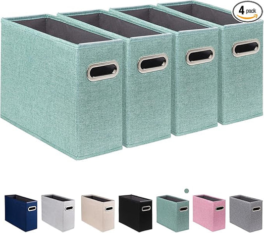4 Pack Letter Size File Storage Box Collapsible, Fabric Hanging File Folders Organizer, Portable Office Document Holder with Metal Handle, Smooth PVC Rails, Green