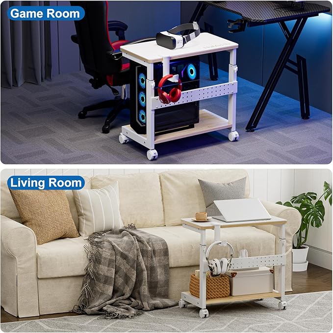 Height Adjustable Computer Tower Stand, 2-Tier ATX-Case CPU Holder with Mouse Pad & Headphone Stand, Mobile PC Standing Under Desk, Home Office Gaming Accessories, Computer Cart Wheels, Maple