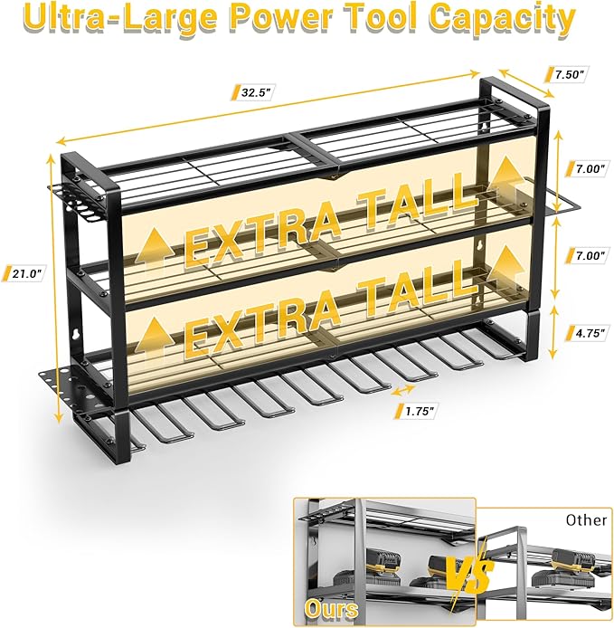 4 Layers Extra Tall Power Tool Organizer Wall Mount Loads 400lbs,Heavy Duty Metal Battery Tool Rack with 8 Cordless Drill Holders,Tool Storage Shelf For Workshop,Garage,Warehouse,Gifts for Men,Husband