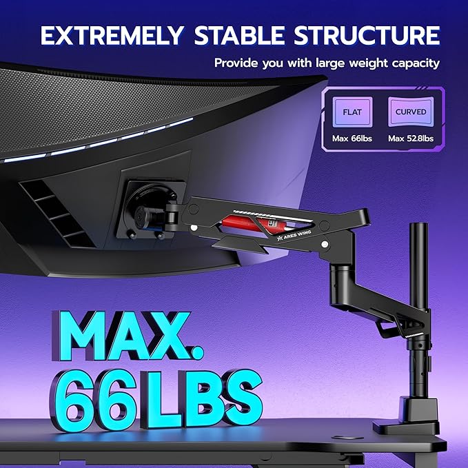 ARES WING Heavy Duty Monitor Arm, Ultrawide Monitor Stand up to 57” and 66 Lbs, Gas Sprinq Monitor Mount Height Adjustable Arms Monitor Stand for Desk Various VESA Mount with Clamp/Grommet Base