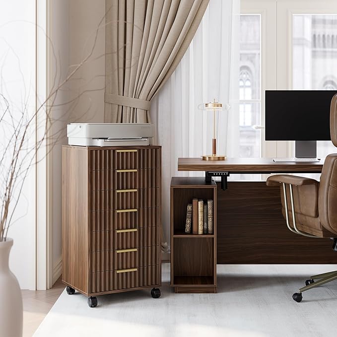 7 Drawer File Cabinet, Wooden Office Cabinet with Drawers, Fluted Storage Filing Drawer for Home Office,Black Walnut