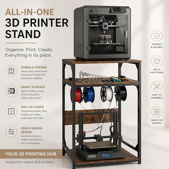 Heavy Duty 3D Printer Table Stand with Power Outlet Industrial-Strength Storage Rack for Stable, Organized & Cable-Managed Printing Workstation