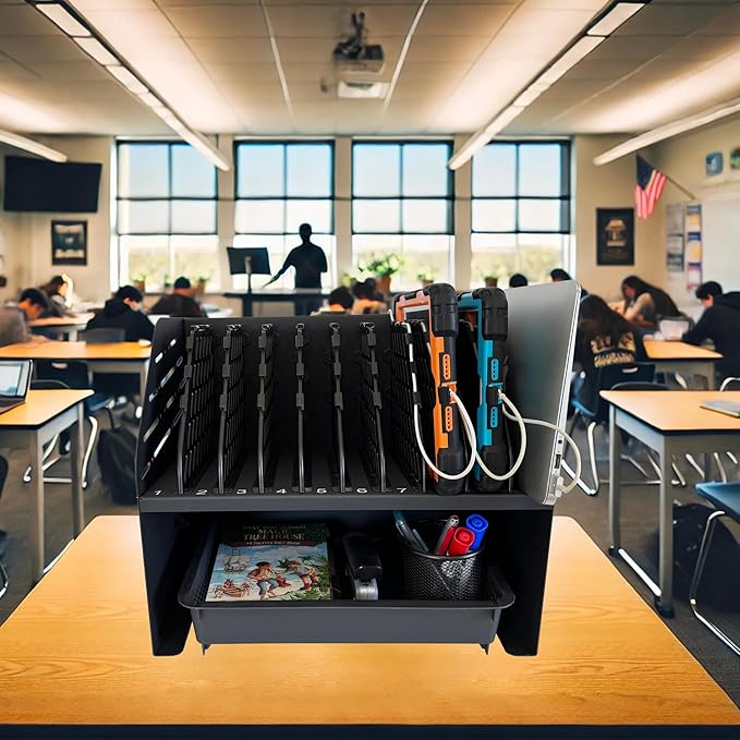 Laptop Charging Station for Classroom, Office, or Home, 10-Device Organizer with 6 AC Outlets & 4 Fast-Charging USB Ports, Fits Laptops, Tablets & E-Readers up to 1.375" Thick, 15.6"