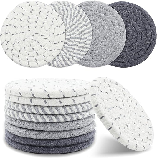 8 Pcs Drink Coasters, Minimalist Cotton Woven Coaster Set, 4 Colors Absorbent Coaster Protection Protection for Various Cups, Ideal for Coffee Tables and Home Decor Tabletop, 4.3 Inches