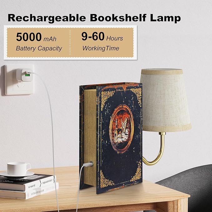 Gold Warm Light Vintage Bookshelf Lamp Rechargeable, Cordless Bookcase Lamp with Linen Shade, Dimmable Touch Control Table Lamp, Modern Decorative Bookend, Bookshelf Lights for Office Home