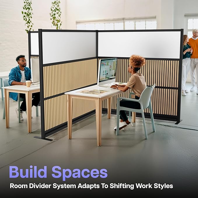 Room Divider for Office Privacy – Modular Freestanding Acoustic Office Partition with PET Sound Dampening Panels and Faux-Wood Slats, 70” x 70”, Grove Sound Dampening Wall, Black Frame, Easy Assembly