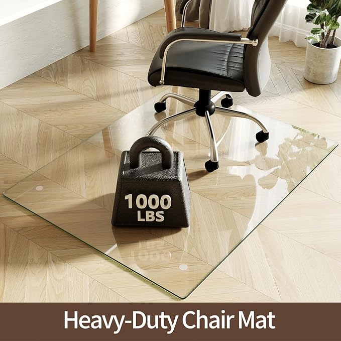 Koonmi Tempered Glass Chair Mat 46"x36" - Premium Office Chair Mat for Hardwood Floors & Low-Pile Carpet with 4 Non-Slip Pads - Thick Scratch-Resistant Surface