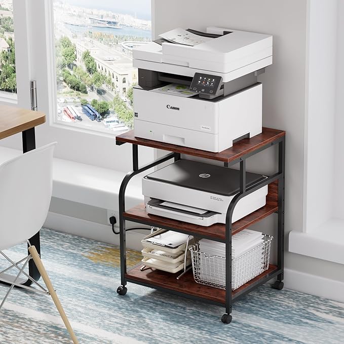VECELO Adjustable Large Printer Stand with Power Outlet, 3-Tier Heavy Duty Cart on Lockable Wheels, Office Storage Table for Home Office, 3D Printer, Fax Machine, Scanner, Rustic Brown