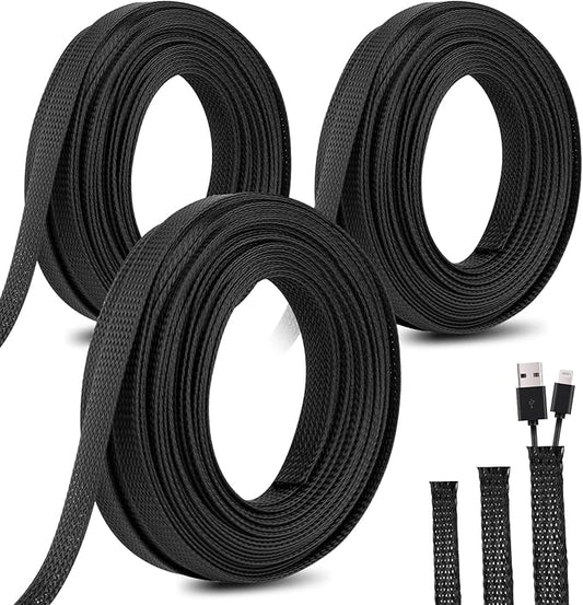 150 Feet 1/4, 1/2, 3/8 Inches Braided Wire Loom PET Cable Loom Expandable Braided Cable Sleeving Mesh Automotive Split Wire Loom for TV, Computer, Home Theater, Black