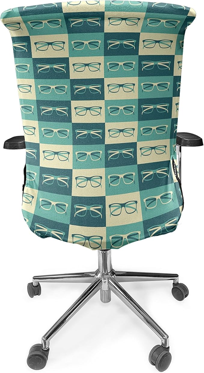 Ambesonne Indie Office Chair Cover, Pattern with Eyeglasses in Vintage Style Hipster Cool Design Modern, Stretchable Decorative Universal Size High Back Printed Slipcover, Green Blue