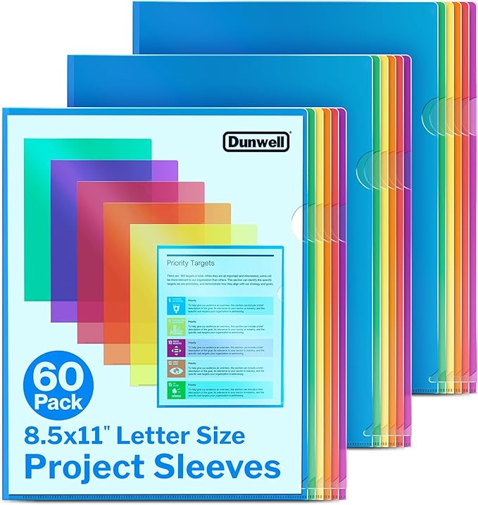 Dunwell Clear Folders for Documents, Plastic 8.5x11 File Sleeves for Document Protection, Filing, Storage, Organization (60 Pack) Colorful Folders with Pockets, Durable Letter Size Document Holder