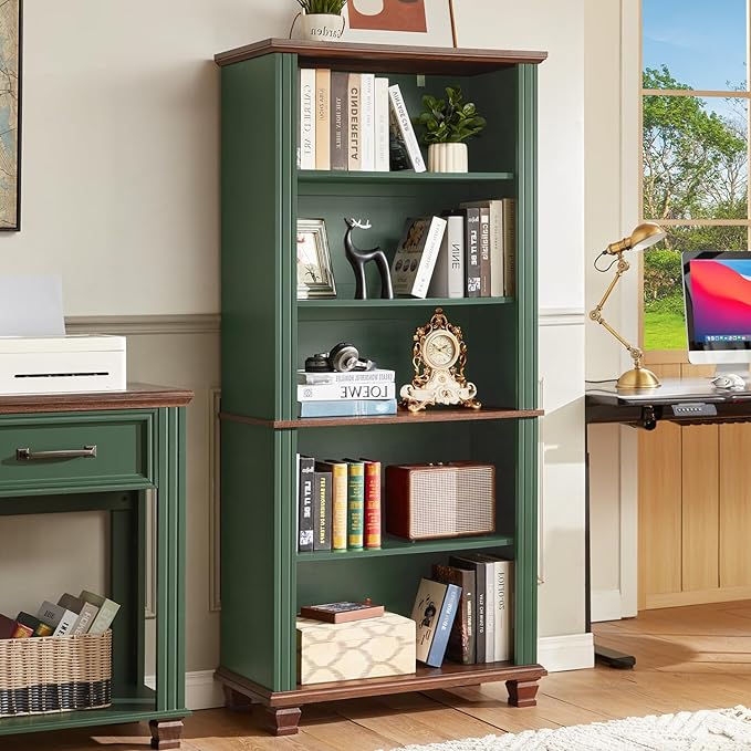 SAVOR LIFE 70" Tall Green Bookshelf,5 Tier Wooden Book Shelf with Adjustable Shelves & Wood Legs,Free Standing Farmhouse Bookcase with Open Display Storage,Vintage Bookshelves for Library, 3PCS