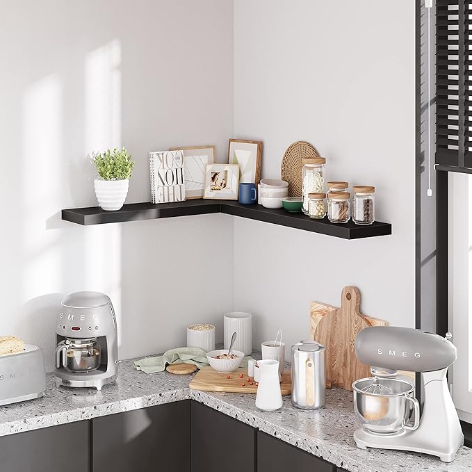 BAMEOS Floating Shelves, 35 Wx7 D Black Wall Mounted Wooden Shelves with Invisible Brackets Set of 2, Hanging Wall Shelves Decoration for Bedroom and Kitchen