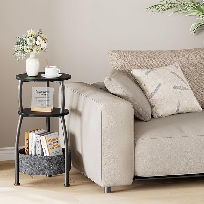 Small Round Side Table for Living Room with Storage Basket –Small Space Saving End Table 3-Tier Accent Nightstand Couch Corner Table for Sofa, Bedroom, Patio and More 24in Tall Classic Black