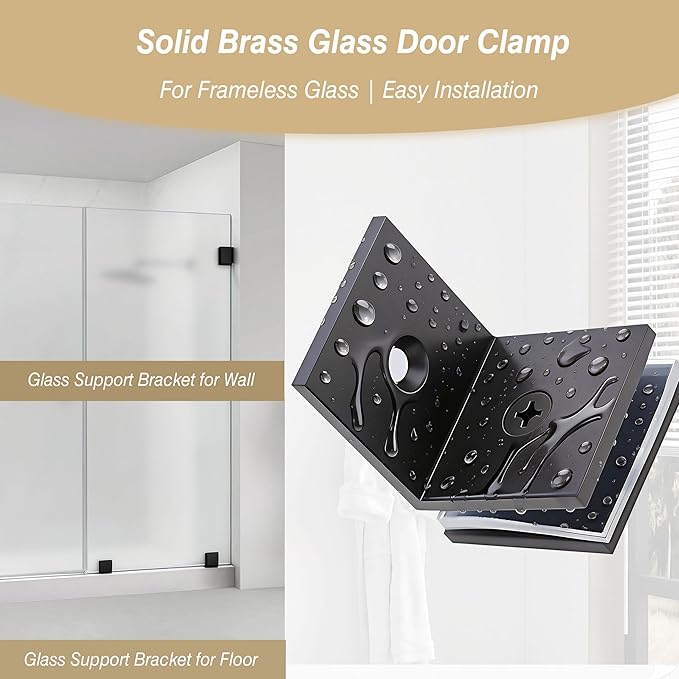Brass Glass Clamp, for 5/16"–1/2" (8–12mm) Glass, Wall- or Floor-Mount Fixed Clips, Matte Black