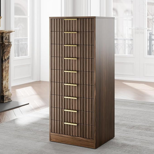 9 Drawer File Cabinet, Wooden Office Cabinet with Drawers, Fluted Storage Filing Drawer for Home Office, Black Walnut
