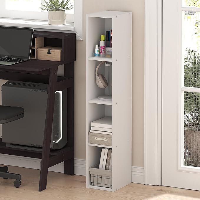 Furinno Fulda Book Shelf, 4-Tier Narrow Bookshelf, Standing Bookcase with 8-in Width Storage Shelf, 9.3 x 7.9 x 41.6, for Organization and Storage, for Living Room, Bedroom, Home Office, White