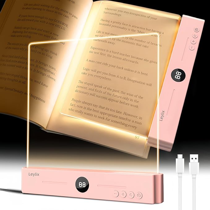 XL LED Flat Book Light for Reading in Bed, Eye Care Stepless Dimmable Reading Lamp with 1-99 Min Auto-Off Timer, Portable USB Rechargeable 1200mAh Battery for Night Time & Travel (Matte Pink)