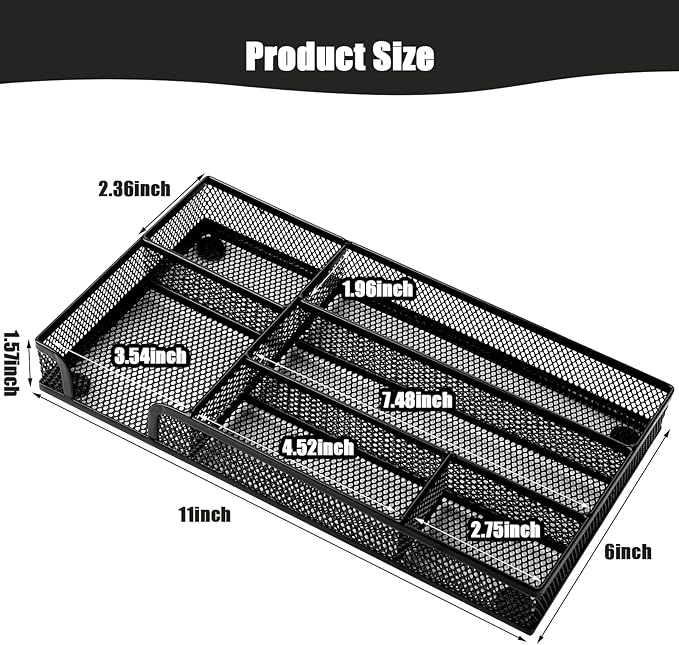 Ysglory 2Pcs Desk Drawer Organizer Tray Office Metal Mesh Drawer Divider Organizer With 6 Compartments Black Mesh Pencil Organization and Accessories for Stationery Makeup Kitchen