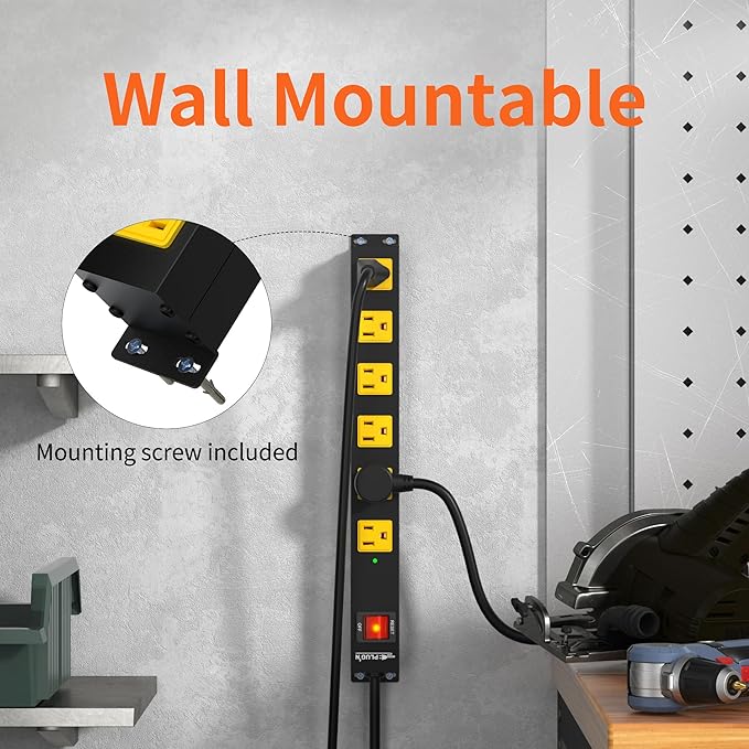 Power Strip 2700J Surge Protector, Heavy Duty Power Strips with 10FT Long Cord and Flat Plug, Wall Mountable Metal 6 Outlet Strip for Desk, Garage, Workbench and Kitchen