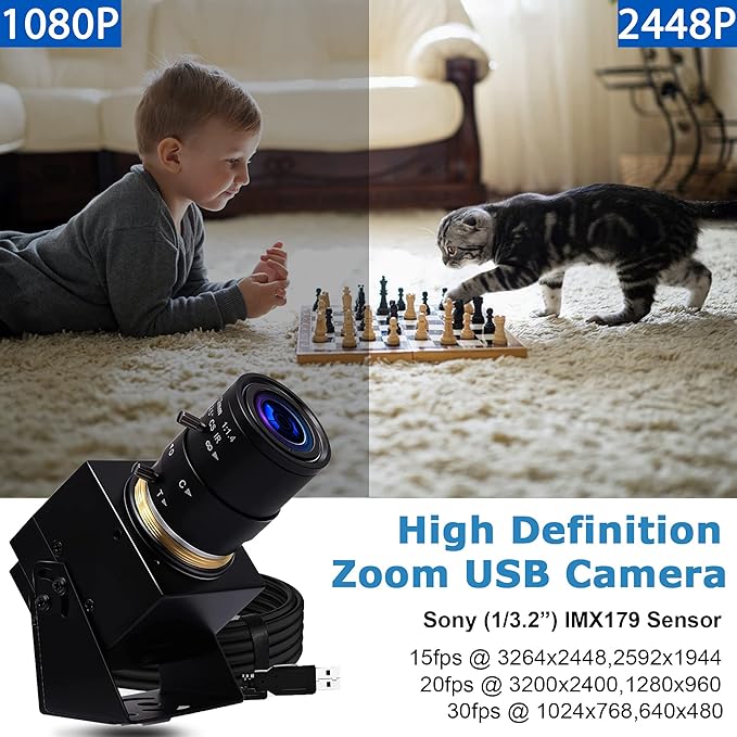 SVPRO 8MP Zoom Webcam for Laptop, 2.8-12mm Lens Manual Focus USB Camera for PC Computer Camera, Windows, Linux, MacOS, Android