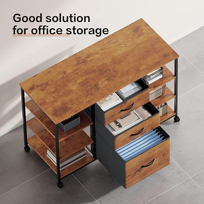 YeTom Mobile File Cabinet,Lateral Filing Cabinet with 3 Fabric Drawers,Rolling Printer Stand with 4 Open Storage Shelf for Home Office,Rustic Brown
