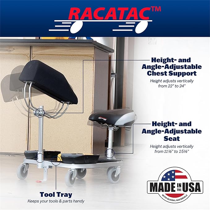 Racatac Kneeling Sitting Creeper with Chest Support and 3 Inch Casters, Rolling Knee Pads with Seat, Creeper for Flooring Installation, Made in USA, 01RAC3CS