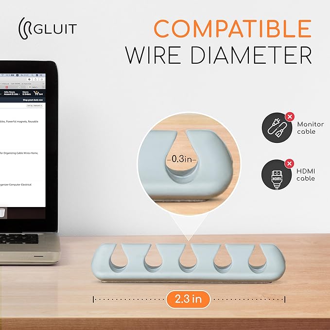 GLUIT Cord Organizer for Desk, Cable Holder for Nightstand, Charger Organizer, Adhesive Desktop Wire Clips, Multislot Cable Management, Table Organizer Accessories - 5 Pack, 15 Slots, Grey