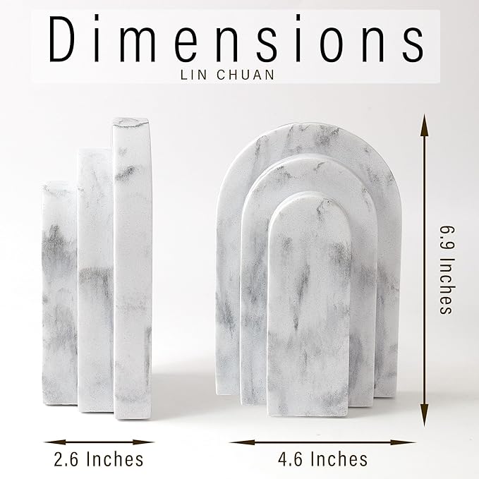 Heavy Duty Bookends for Shelves, 6.6 LBS Heavy Book Ends for Heavy Books, Decorative Modern Bookends with Faux Marble Look, Layered Arch Book Stopper for Bookshelf Holder Set of 2, Marble White