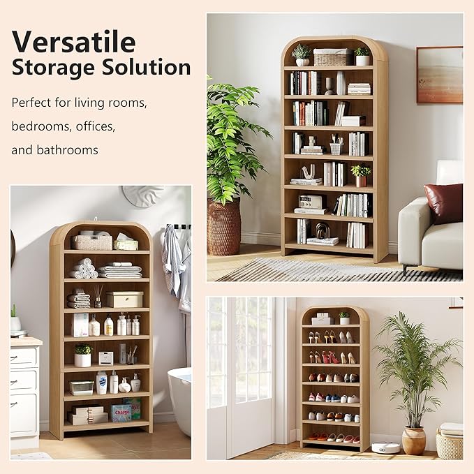 LEVNARY 70" Tall Arched Bookcase, 7-Tier Freestanding Storage Cabinet with Adjustable Shelves, Thick MDF Bookshelf for Bathroom Living Room Bedroom (Natural)