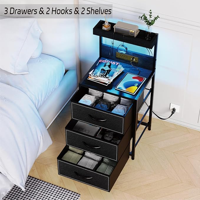 SZLHANJZ LED Nightstand with Charging Station, Night Stand with 3 Drawers and Lights, Storage Side Table with Shelf and Hooks, Tall End Table for Bedside, Bedroom, Modern Black