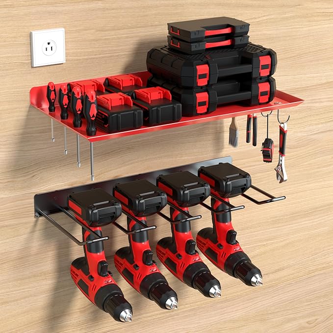 KSVO Wall Mount Power Tool Organizer, Metal Drill Holder for Garage, Workshop, and Shed, Heavy Duty Tool Storage Rack for Handheld & Cordless Tools (Red)