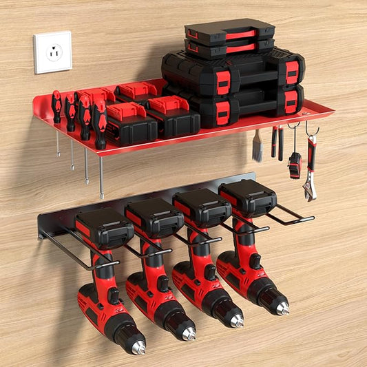 KSVO Wall Mount Power Tool Organizer, Metal Drill Holder for Garage, Workshop, and Shed, Heavy Duty Tool Storage Rack for Handheld & Cordless Tools (Red)