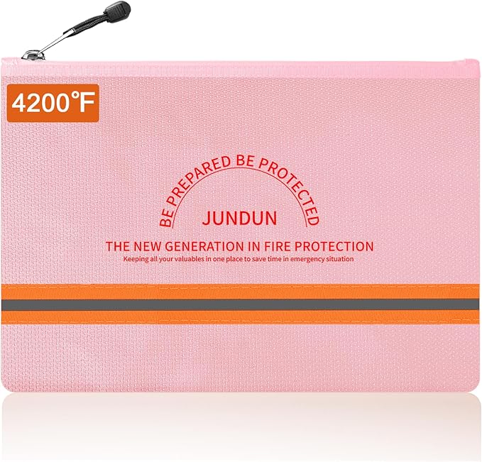 JUNDUN Fireproof Document Bag,14.2”x 10.0”Waterproof and Fireproof Money Bag with Aluminum Foil Lining,Fireproof Safe Storage Pouch with Zipper for Document and Cash,Pink
