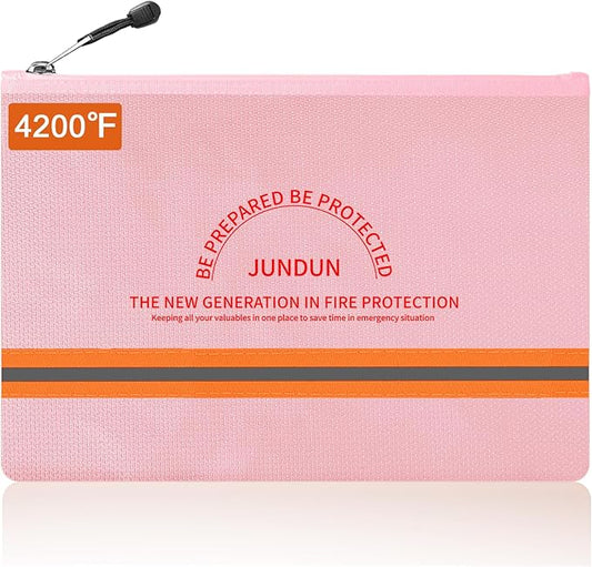 JUNDUN Fireproof Document Bag,14.2”x 10.0”Waterproof and Fireproof Money Bag with Aluminum Foil Lining,Fireproof Safe Storage Pouch with Zipper for Document and Cash,Pink