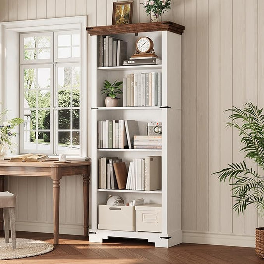 5-Tier Farmhouse Bookshelf, 61.1 inch Tall Bookcase with Storage & Unique Design & One Adjustable Shelf, Wooden Bookshelf for Study Room, Living Room, Home Office, Bedroom (White)