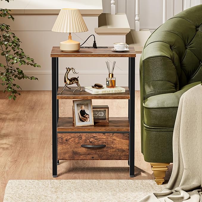 SUPERJARE Nightstand Set of 2, Bed Side Tables with Charging Station, Adjustable Fabric Drawer, Night Stand for Bedroom, 3-Tier Storage End Tables, for Living Room, Rustic Brown