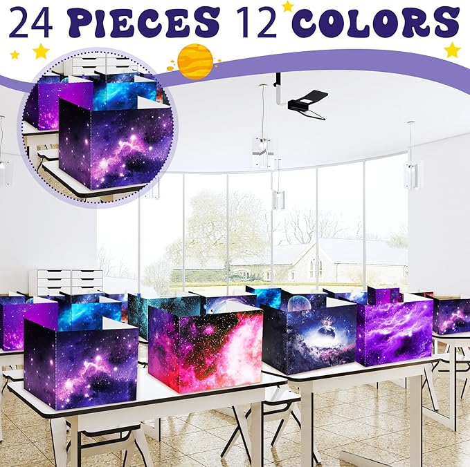 SATINIOR 24 Pcs Privacy Folders for Students, Desk Dividers for Classroom Testing, Student Privacy Boards Classroom Must Have, 12 Colors Study Panel for School Teacher Supplies(Galaxy Style)