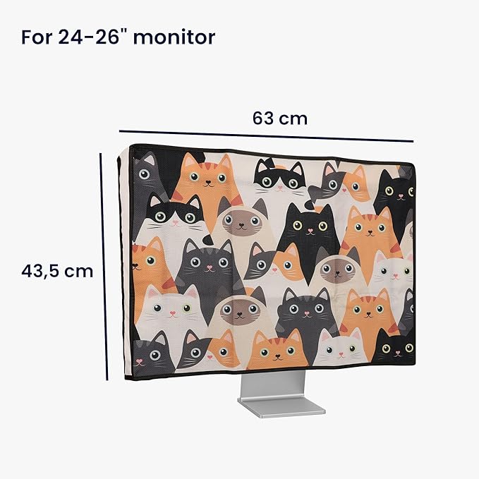 kwmobile Dust Cover for 24-26" Monitor - Linen Monitor Protector with Design - Cats Orange/Black/White