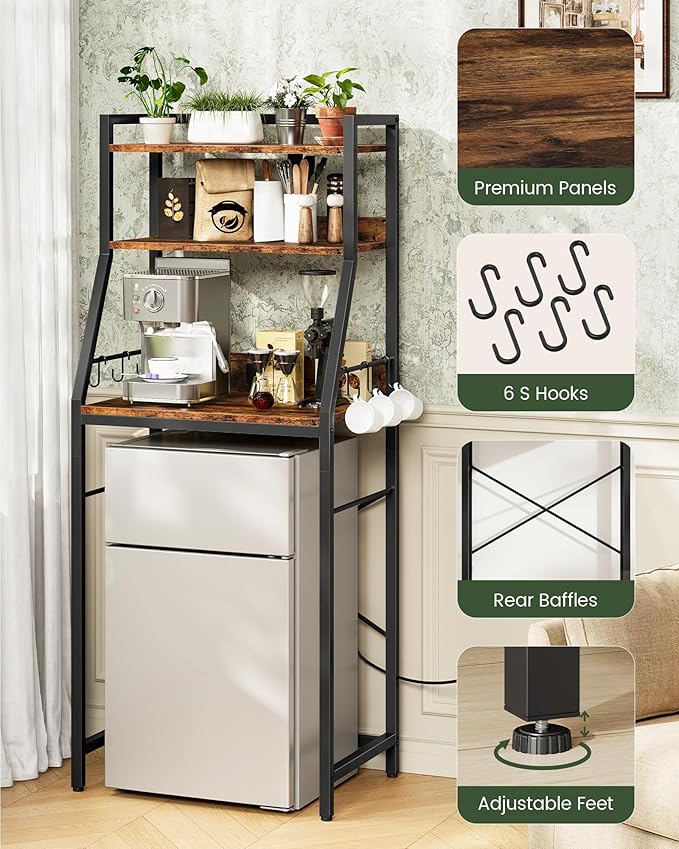 CHOEZON 4-Tier Bakers Rack with Mini Fridge Stand, Coffee Bar Station, Microwave Stand with Charging Station, Kitchen Storage Rack with 6 Hooks, for Kitchen, Dining Room, Rustic Brown THB03UBF