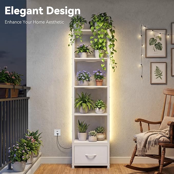 Housolution 6 Tier Bookshelf with LED Light, 60.6" Tall Narrow Corner Shelf Stand with Fabric Drawer, Bookcase Storage Organizer, Industrial Display Standing Shelf Unit for Living Room, White