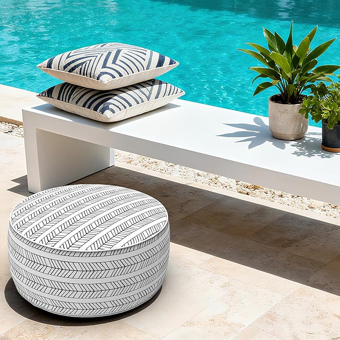 LVTXIII Indoor/Outdoor Inflatable Ottoman with Handle D21 x H9 Inch, Weather-Resistant Round Footstool Pouf for Patio Camping Living Room, Portable Footrest Extra Seating, Herringbone Black White