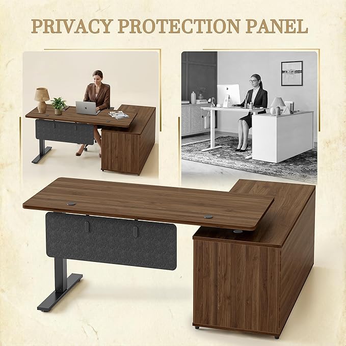 TIQLAB L Shaped Standing Desk with Privacy Protection Panel, 61.4" x 47.2" Height Adjustable Corner Executive Desk with Drawers and Shelves, Standing Computer Desks for Home Office, Black Walnut